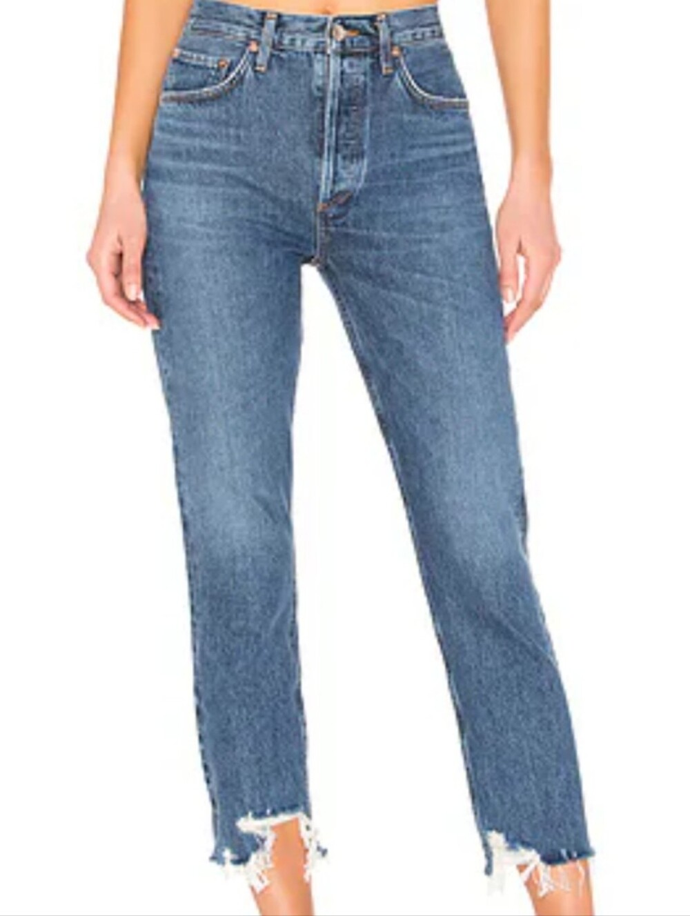 Agolde Riley High-Rise Cropped Jeans Frayed Hem Sz 25 Straight Leg Veto Blue